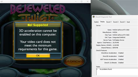 Unable to enable 3D Hardware Acceleration in PopCap Games.